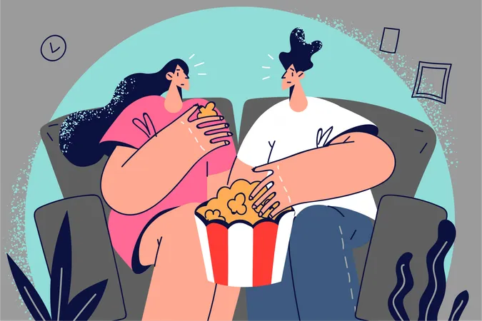 Pareja comiendo palomitas y viendo una película  Ilustración