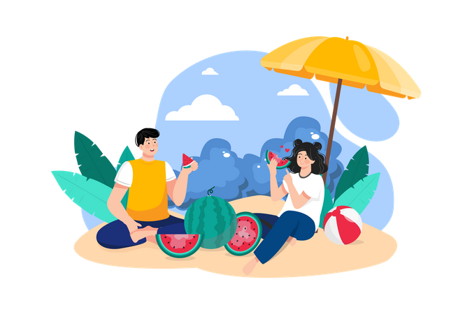 Pareja comiendo sandía en la playa  Ilustración