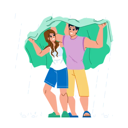 Pareja compartiendo impermeable bajo la lluvia  Ilustración