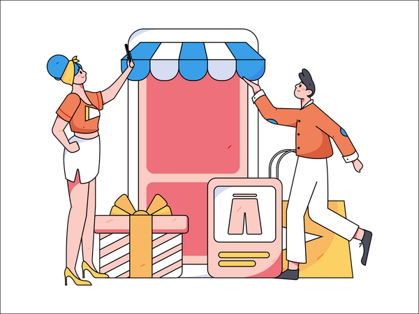 Pareja comprando ropa online  Ilustración