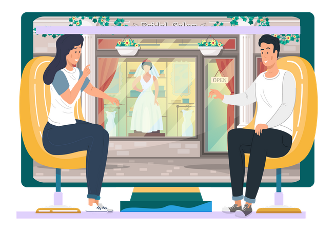 La pareja comprometida mira la ventana de la tienda boutique  Ilustración