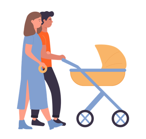 Pareja con cochecito de bebe  Ilustración