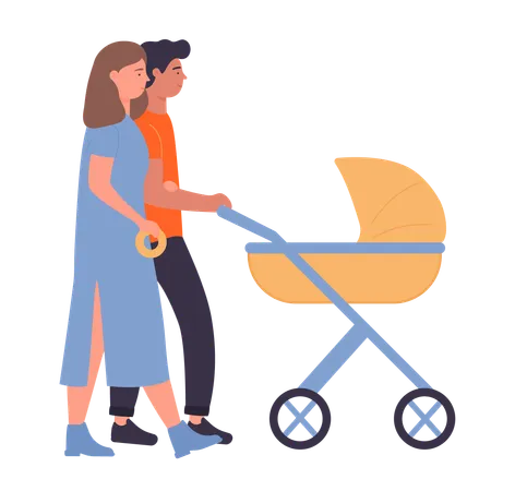 Pareja con cochecito de bebe  Ilustración