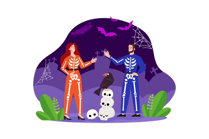 Pareja vistiendo un aterrador disfraz de Halloween  Ilustración