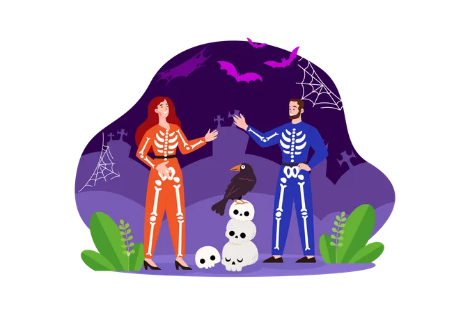 Pareja vistiendo un aterrador disfraz de Halloween  Ilustración