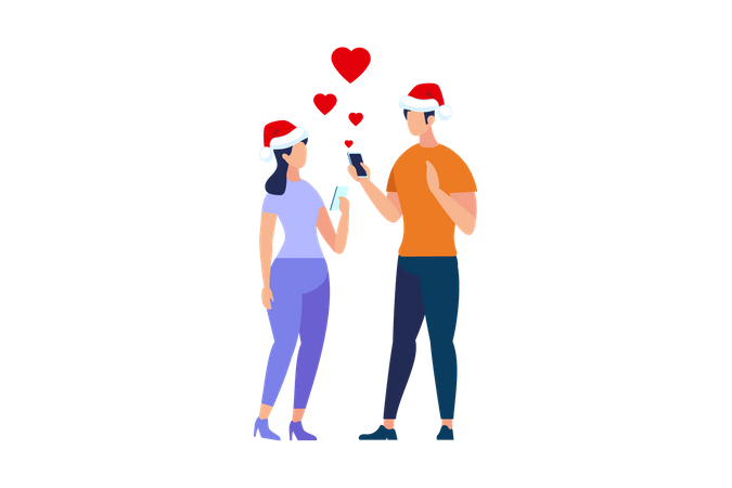 Pareja con gorro de Papá Noel haciendo chat de amor  Ilustración