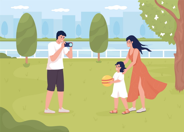 Pareja con hija pequeña tomando fotos en el parque  Ilustración