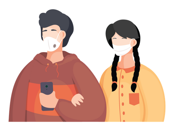 Pareja con mascarilla  Ilustración