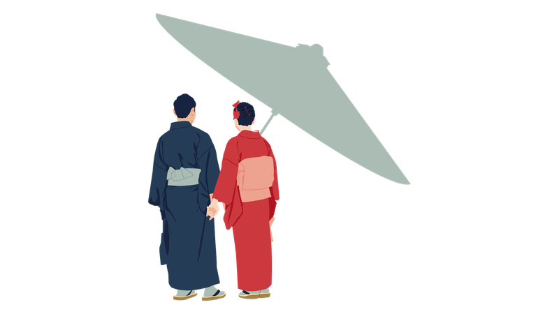 Pareja con ropa tradicional japonesa  Ilustración