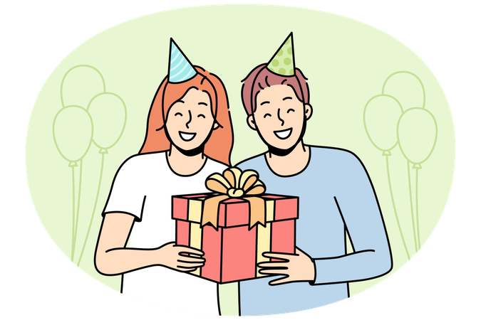 Pareja con sombreros de fiesta y sosteniendo una caja  Ilustración