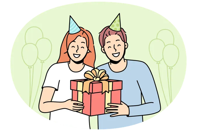 Pareja con sombreros de fiesta y sosteniendo una caja  Ilustración