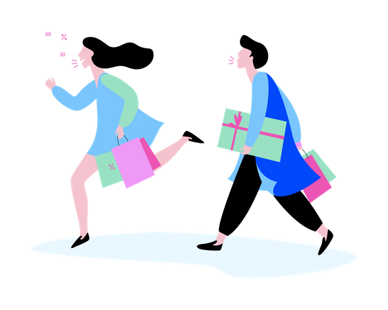 Pareja corriendo con bolsas de compras  Ilustración