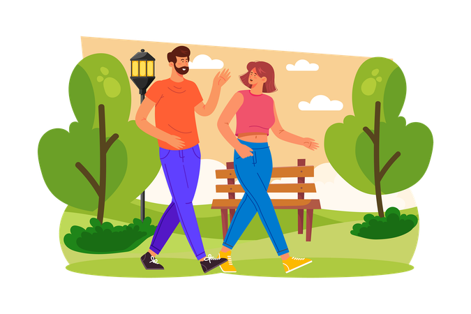 La pareja da un paseo romántico por el parque  Ilustración