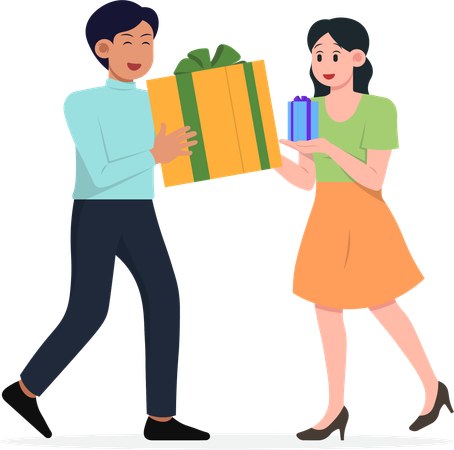 Pareja dándose regalos el uno al otro  Ilustración