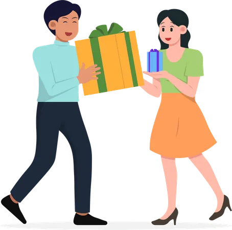 Pareja dándose regalos el uno al otro  Ilustración