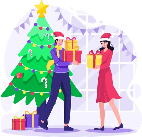 La pareja se da regalos para Navidad  Ilustración