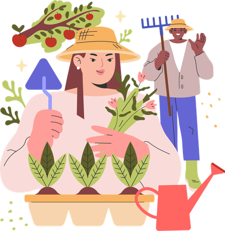 Pareja de agricultores haciendo jardinería  Ilustración