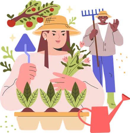 Pareja de agricultores haciendo jardinería  Ilustración