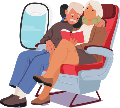 Una pareja de ancianos acurrucados juntos en un avión  Ilustración