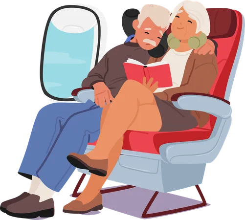 Una pareja de ancianos acurrucados juntos en un avión  Ilustración