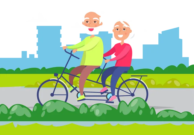 Pareja de ancianos montando en bicicleta en el parque  Ilustración