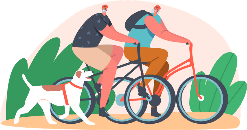 Pareja de ancianos andando en bicicleta en el parque con perro mascota  Ilustración