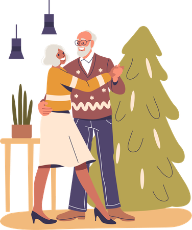 Pareja de ancianos bailando en Navidad  Ilustración