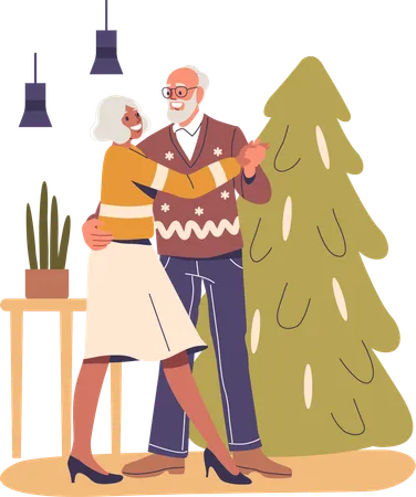 Pareja de ancianos bailando en Navidad  Ilustración