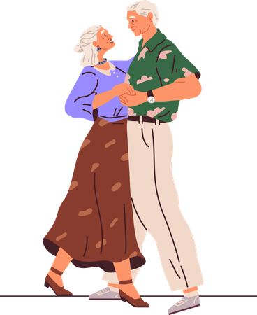 Baile de pareja de ancianos. Ilustración vectorial. El abuelo baila como apoyo, abuela. Pareja de ancianos bailando en la fiesta  Ilustración