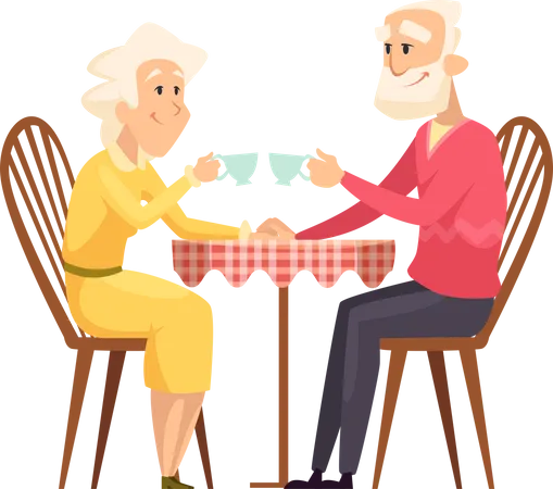 Pareja de ancianos tomando café juntos  Ilustración