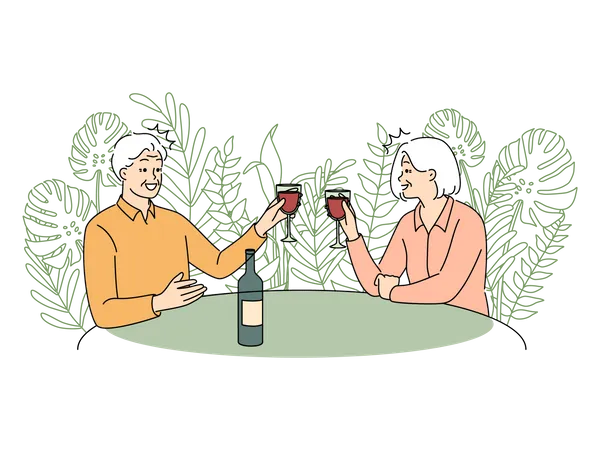 Pareja de ancianos bebiendo vino  Ilustración