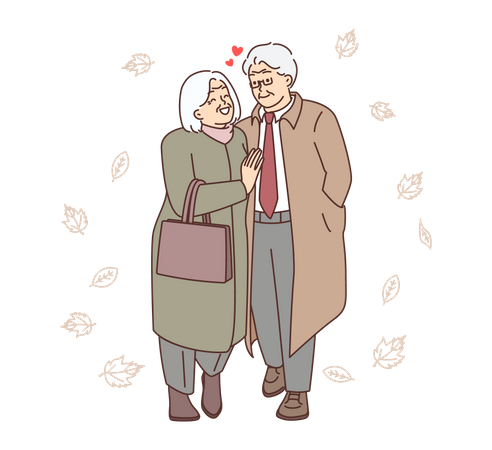 Pareja de ancianos caminando juntos  Ilustración