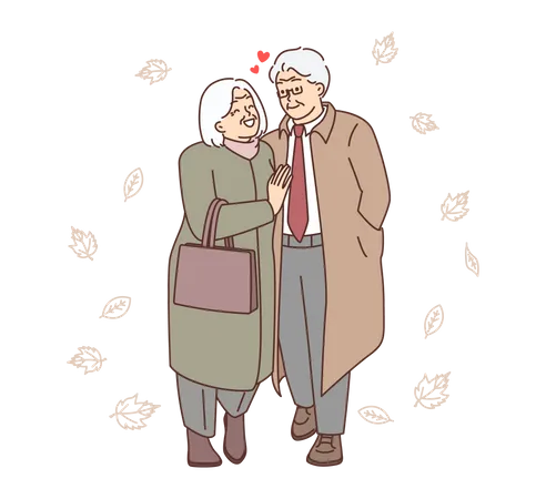 Pareja de ancianos caminando juntos  Ilustración