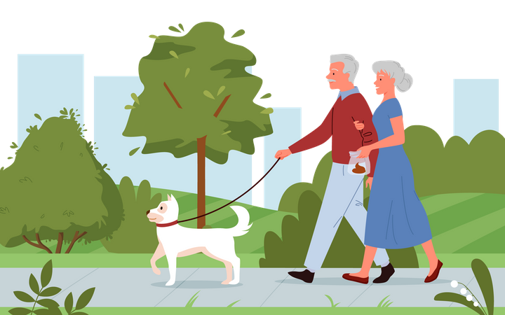 Pareja de ancianos caminando en el parque con perro mascota  Ilustración