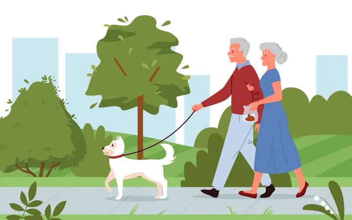 Pareja de ancianos caminando en el parque con perro mascota  Ilustración