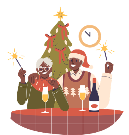 Pareja de ancianos celebrando la navidad  Ilustración