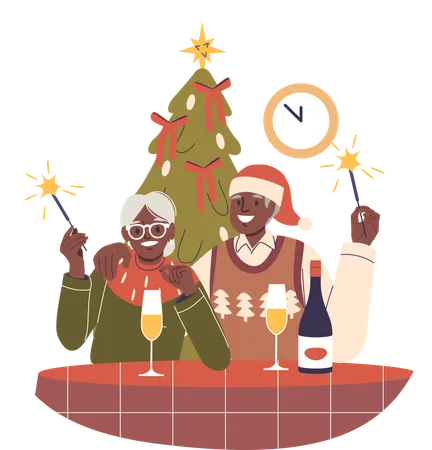 Pareja de ancianos celebrando la navidad  Ilustración