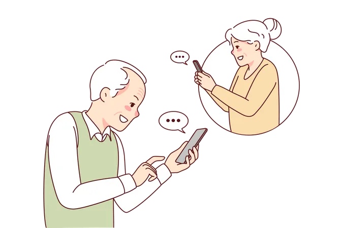 Una pareja de ancianos chatea a través de un teléfono móvil  Ilustración