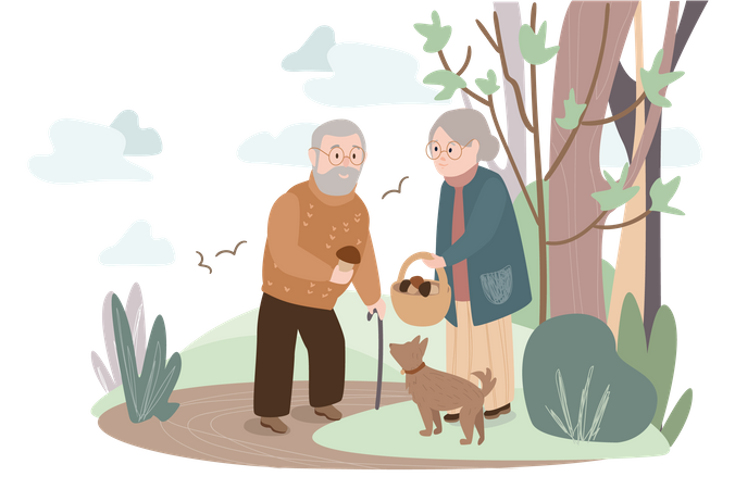 Una pareja de ancianos con perro recoge setas  Ilustración