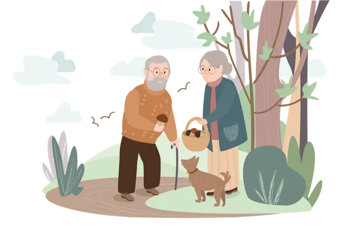 Una pareja de ancianos con perro recoge setas  Ilustración