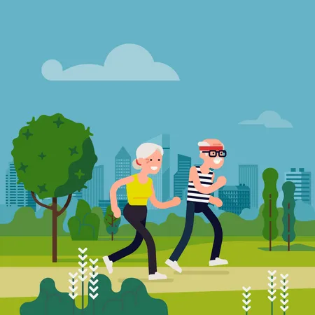 Pareja de ancianos corriendo en el parque de la ciudad  Ilustración