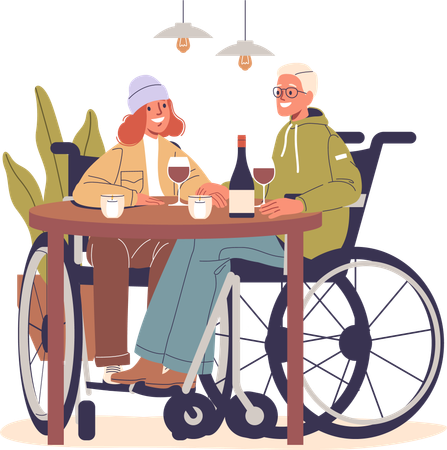 Pareja de ancianos disfrutando de una cena en un restaurante  Ilustración