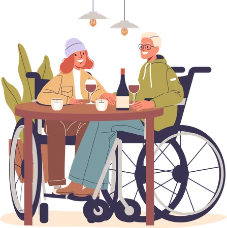 Pareja de ancianos disfrutando de una cena en un restaurante  Ilustración