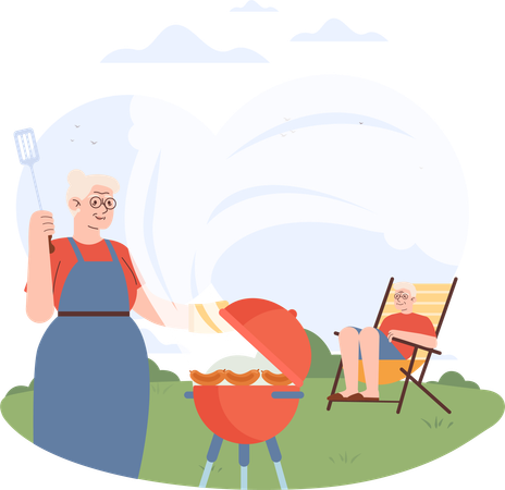 Pareja de ancianos disfrutando de una comida de barbacoa afuera  Ilustración