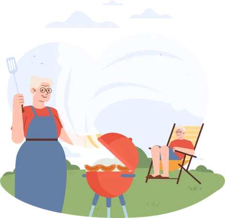 Pareja de ancianos disfrutando de una comida de barbacoa afuera  Ilustración