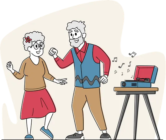 Pareja de personas mayores disfrutando del baile durante el tiempo libre  Ilustración