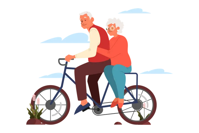Pareja de ancianos andando en bicicleta  Ilustración