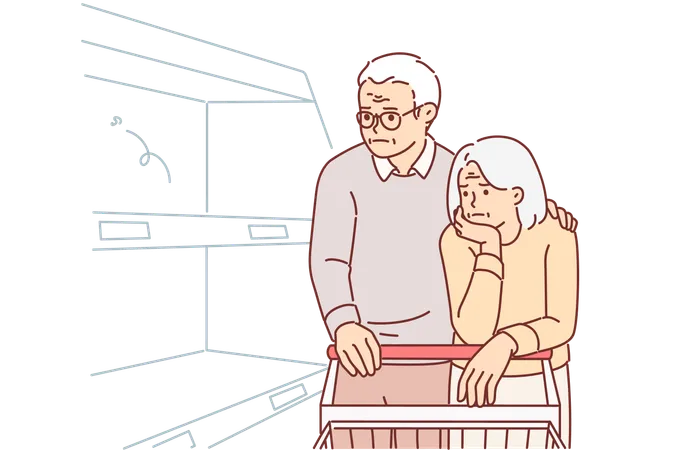 Una pareja de ancianos en el supermercado está molesta con los estantes vacíos  Ilustración