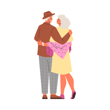 Pareja de ancianos enamorados abrazándose  Ilustración