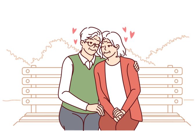 Una pareja de ancianos enamorada se sienta en un banco del parque abrazándose y disfrutando de una vida familiar feliz  Ilustración